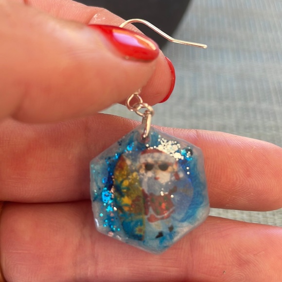 XMAS Handmade Festive Small Holiday Vibes Earrings Blue hexagon - Picture 5 of 13